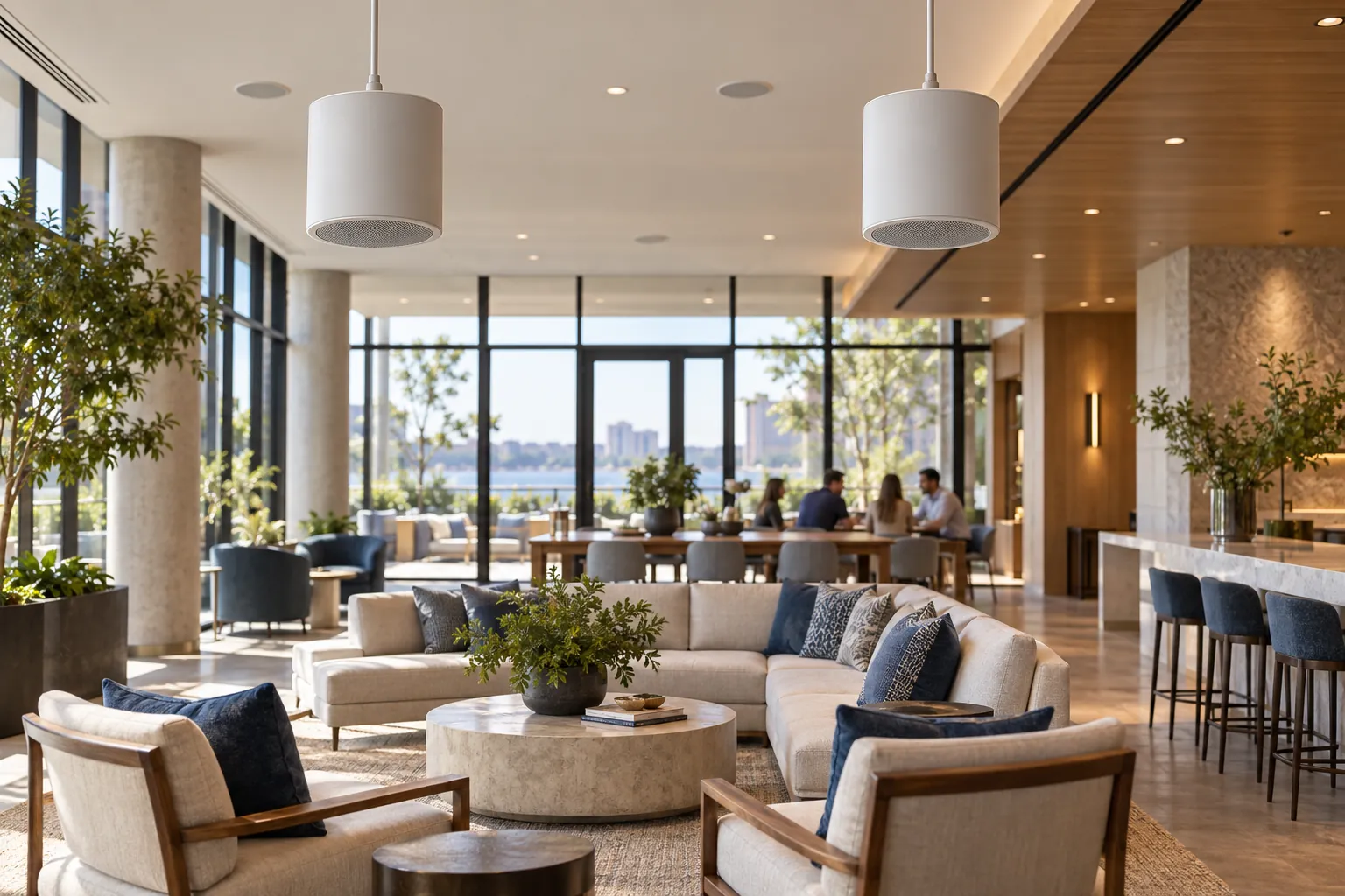 Pendant speakers above seating in a community amenity lounge