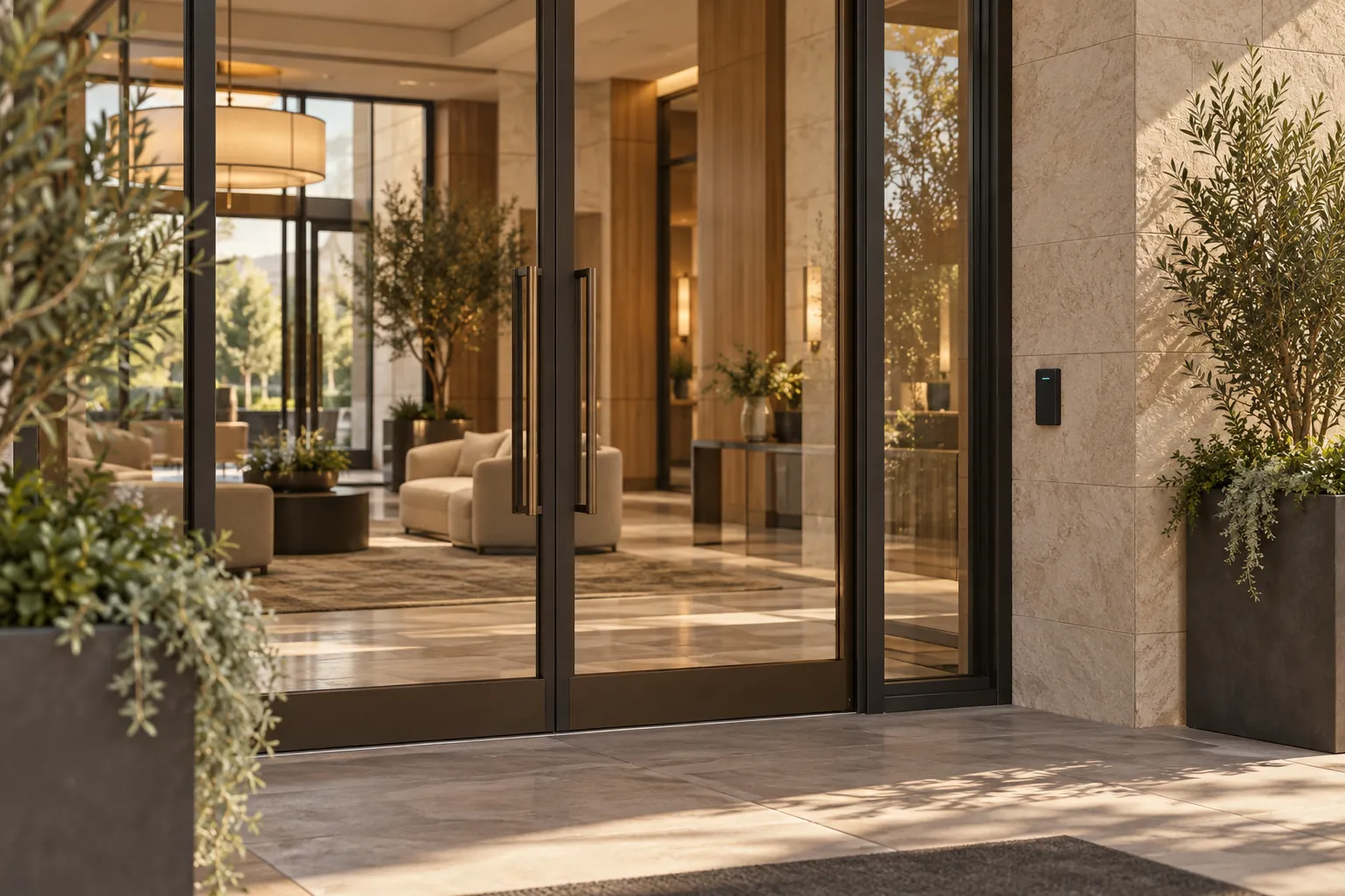 Illustrative glass entrance with access reader